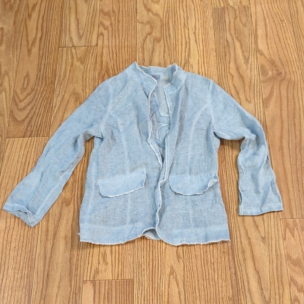 Scandal 100% Linen Cardigan Light Blue Silver Sequin Star Boho Women's Size S*